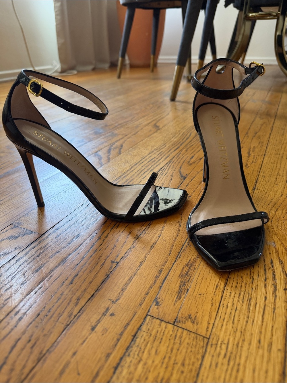 Stuart Weitzman Black Patent Leather Ankle-Strap Stilettos